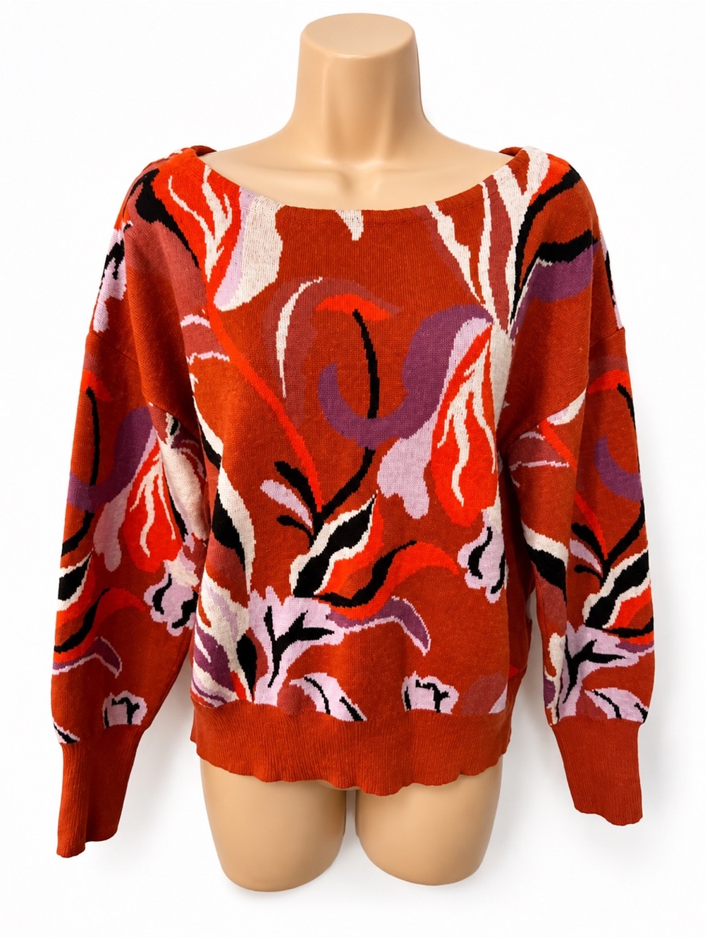 Anthropologie Maeve‎ Floral Boatneck Sweater XS Cropped Statement Knit